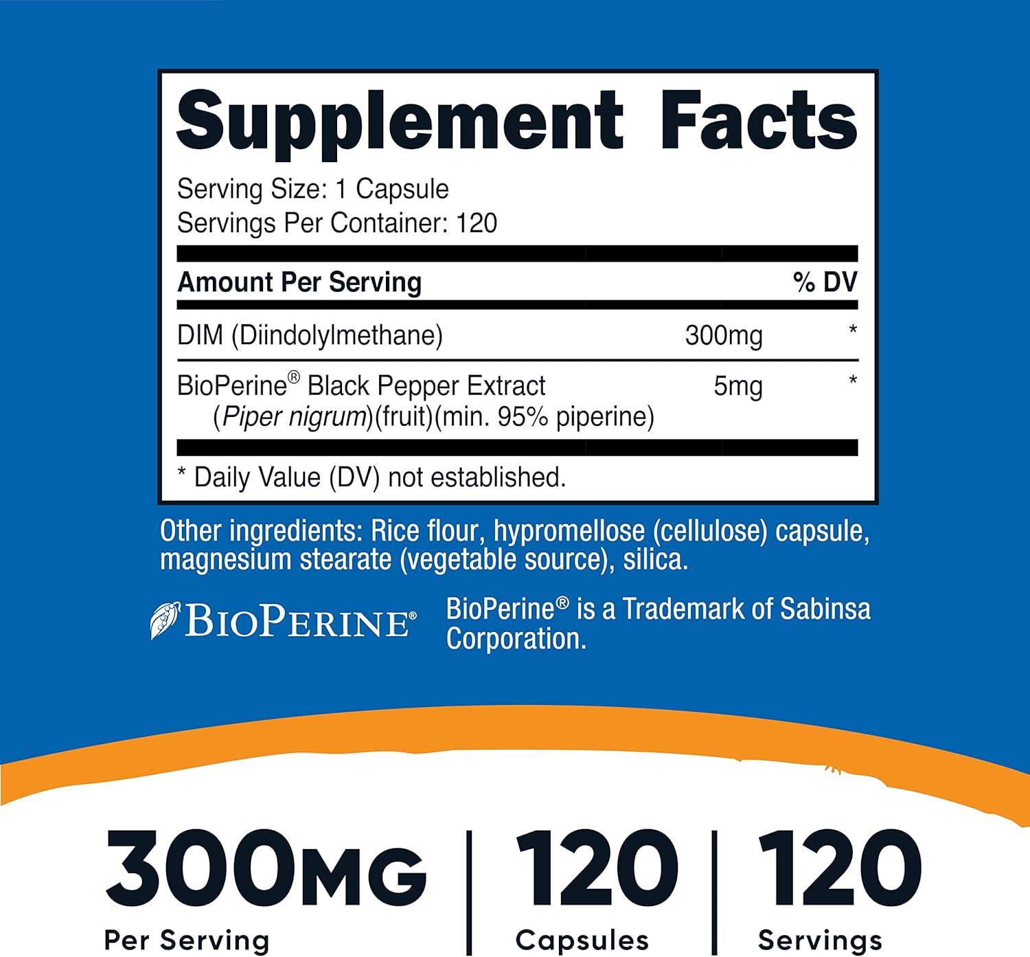 image:imageNutricost DIM Diindolylmethane Plus BioPerine 300mg 120 Vegetarian Capsules Up to 4 Month Supply Max Strength DIM Supplement120 Count Pack of 2