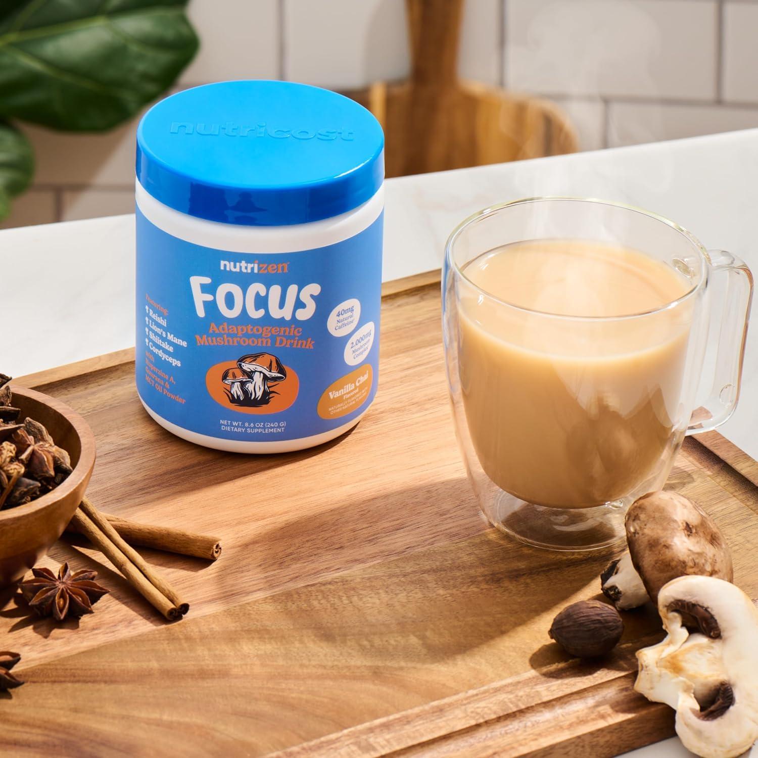 image:imageNutricost Nutrizen AM Focus Adaptogenic Mushroom Drink Hot Cocoa Flavored 30 Servings Includes Reishi Lions Mane Shiitake CordycepsVanilla Chai