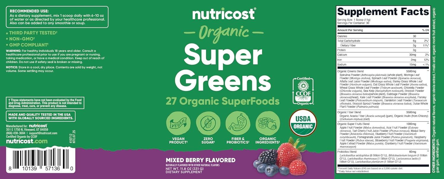 image:imageNutricost Organic Super Greens Powder 30 Servings Mixed Berry Flavor Superfood Supplement Drink MixMixed Berry