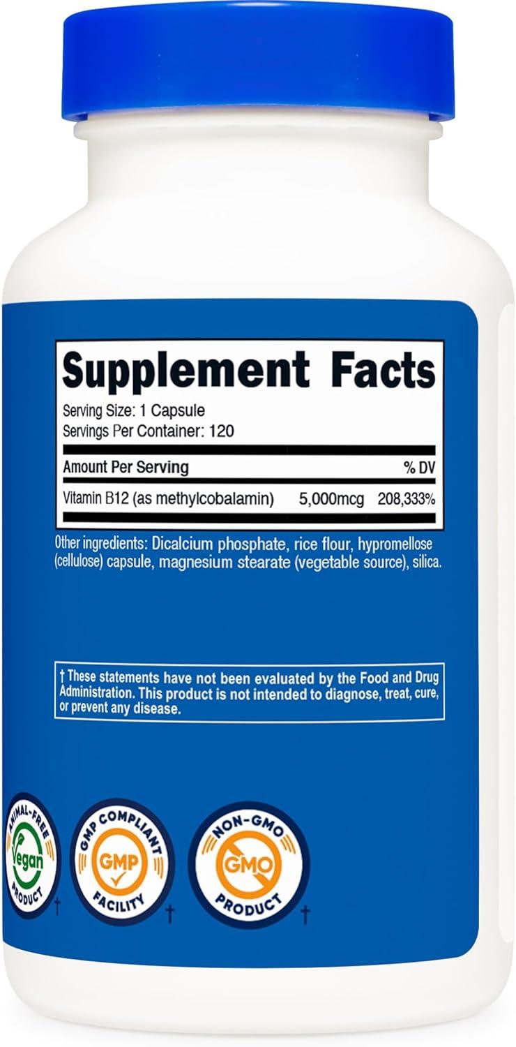 image:imageNutricost Vitamin B12 Methylcobalamin 5000mcg 240 Capsules Vegetarian Caps NonGMO Gluten Free B12 Supplement120 Count Pack of 1