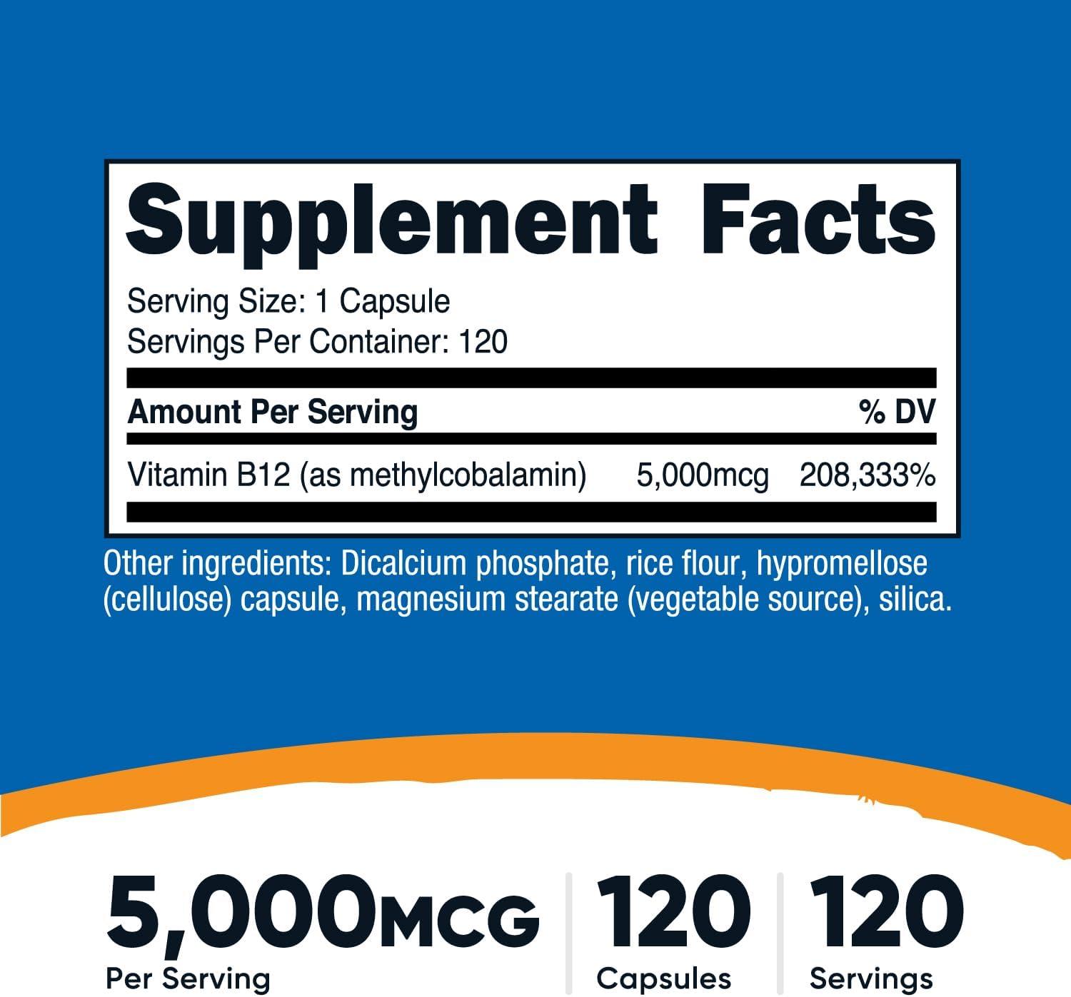image:imageNutricost Vitamin B12 Methylcobalamin 5000mcg 240 Capsules Vegetarian Caps NonGMO Gluten Free B12 Supplement120 Count Pack of 1