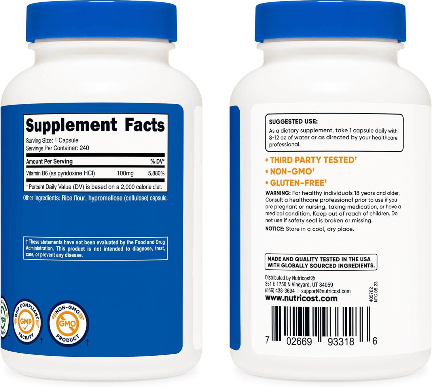 image:imageNutricost Vitamin B6 Pyridoxine HCl 100mg 240 Capsules1 Count Pack of 480