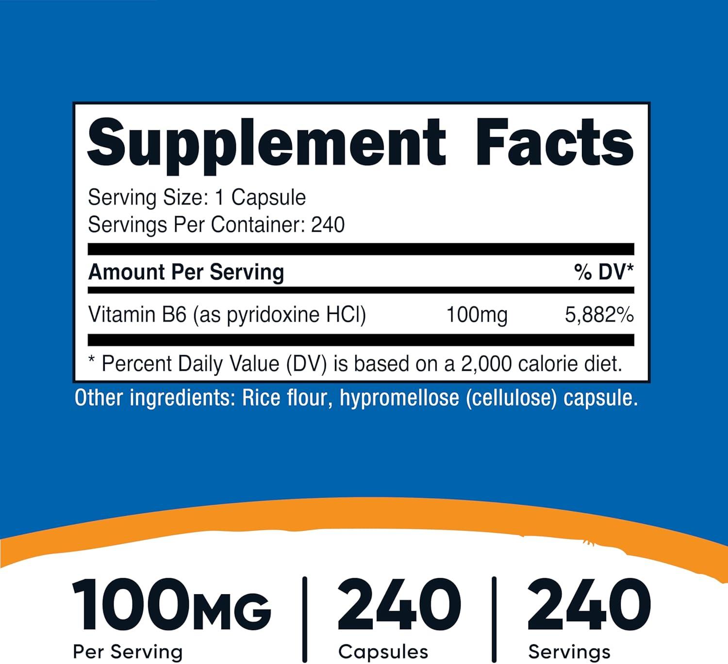 image:imageNutricost Vitamin B6 Pyridoxine HCl 100mg 240 Capsules240 Count Pack of 1