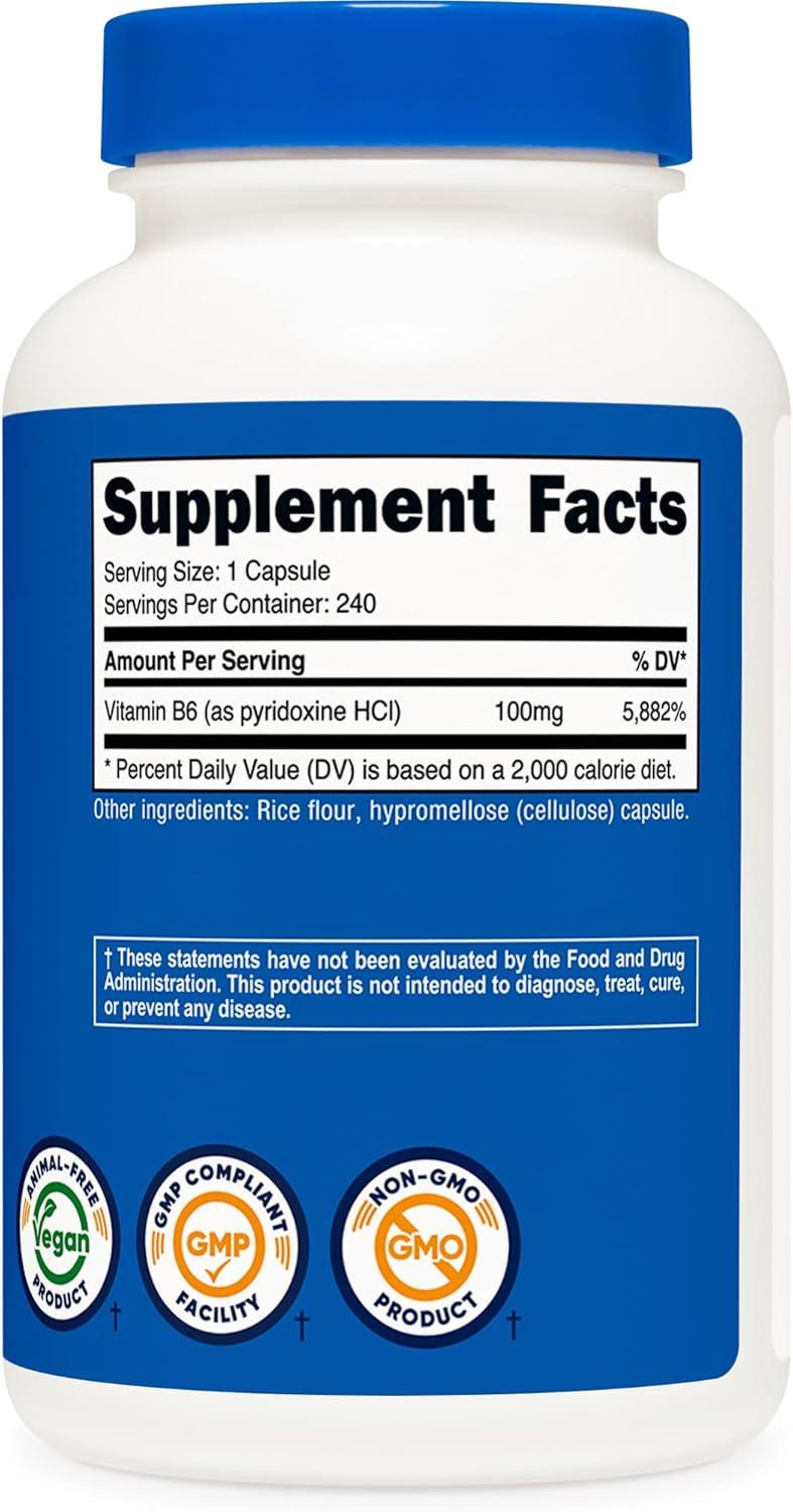 image:imageNutricost Vitamin B6 Pyridoxine HCl 100mg 240 Capsules240 Count Pack of 2