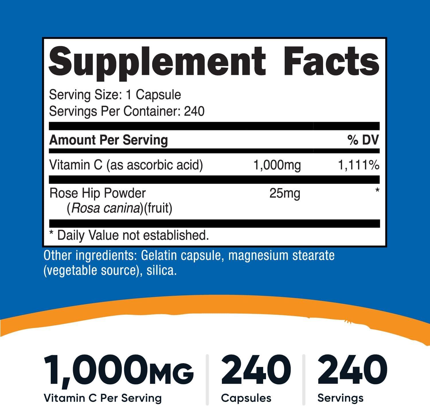 image:imageNutricost Vitamin C with Rose HIPS 1025mg 240 Capsules Vitamin C 1000mg Rose HIPS 25mg Premium NonGMO Gluten Free Supplement240 Count Pack of 2
