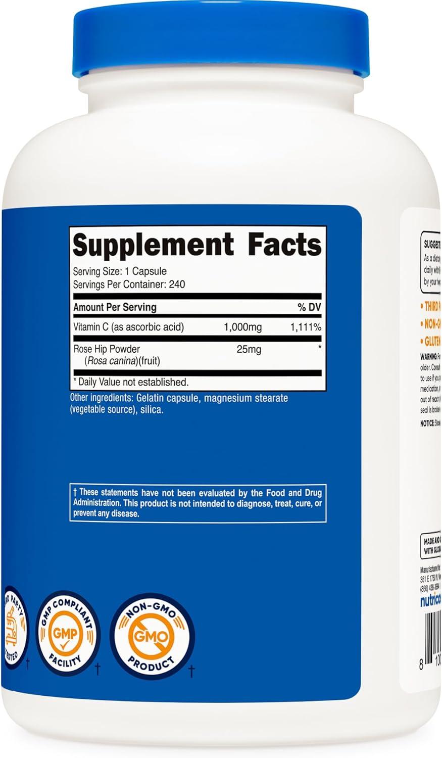 image:imageNutricost Vitamin C with Rose HIPS 1025mg 240 Capsules Vitamin C 1000mg Rose HIPS 25mg Premium NonGMO Gluten Free Supplement240 Count Pack of 2
