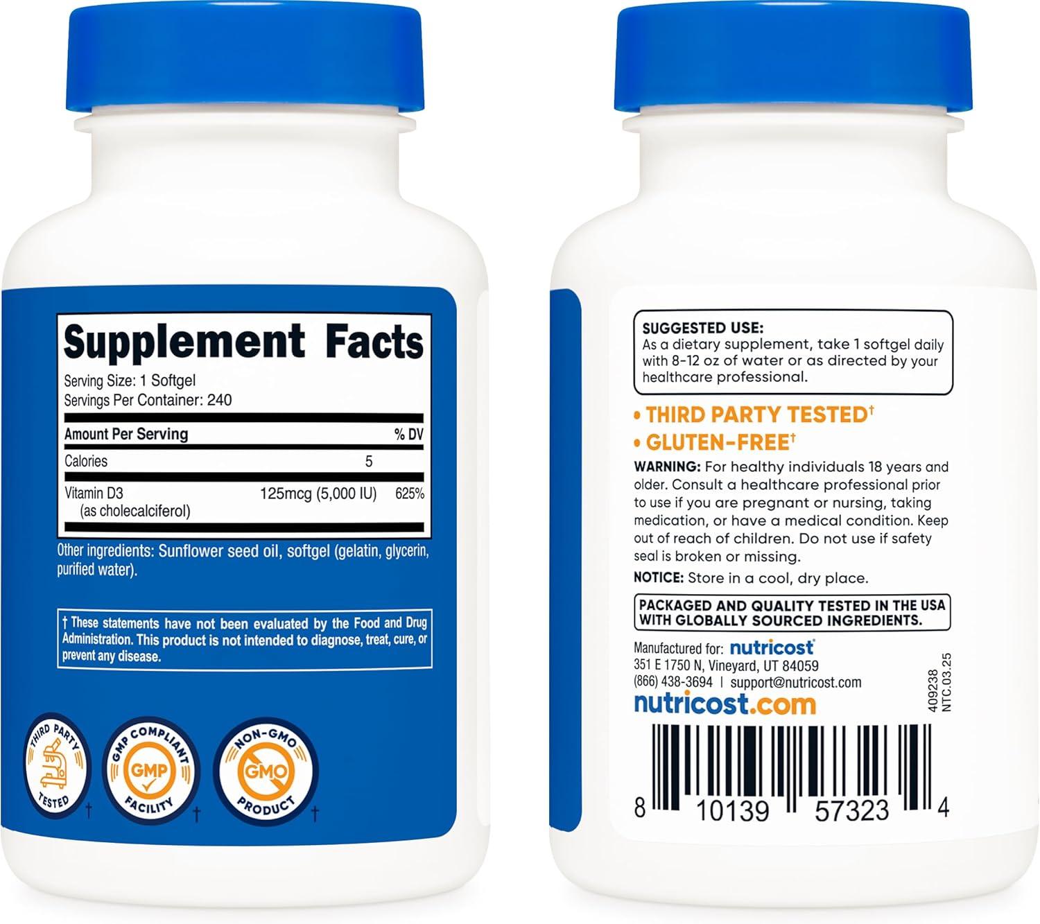 image:imageNutricost Vitamin D3 5000 IU 125mcg 240 Softgels NonGMO and Gluten Free Vitamin D240 Count Pack of 1