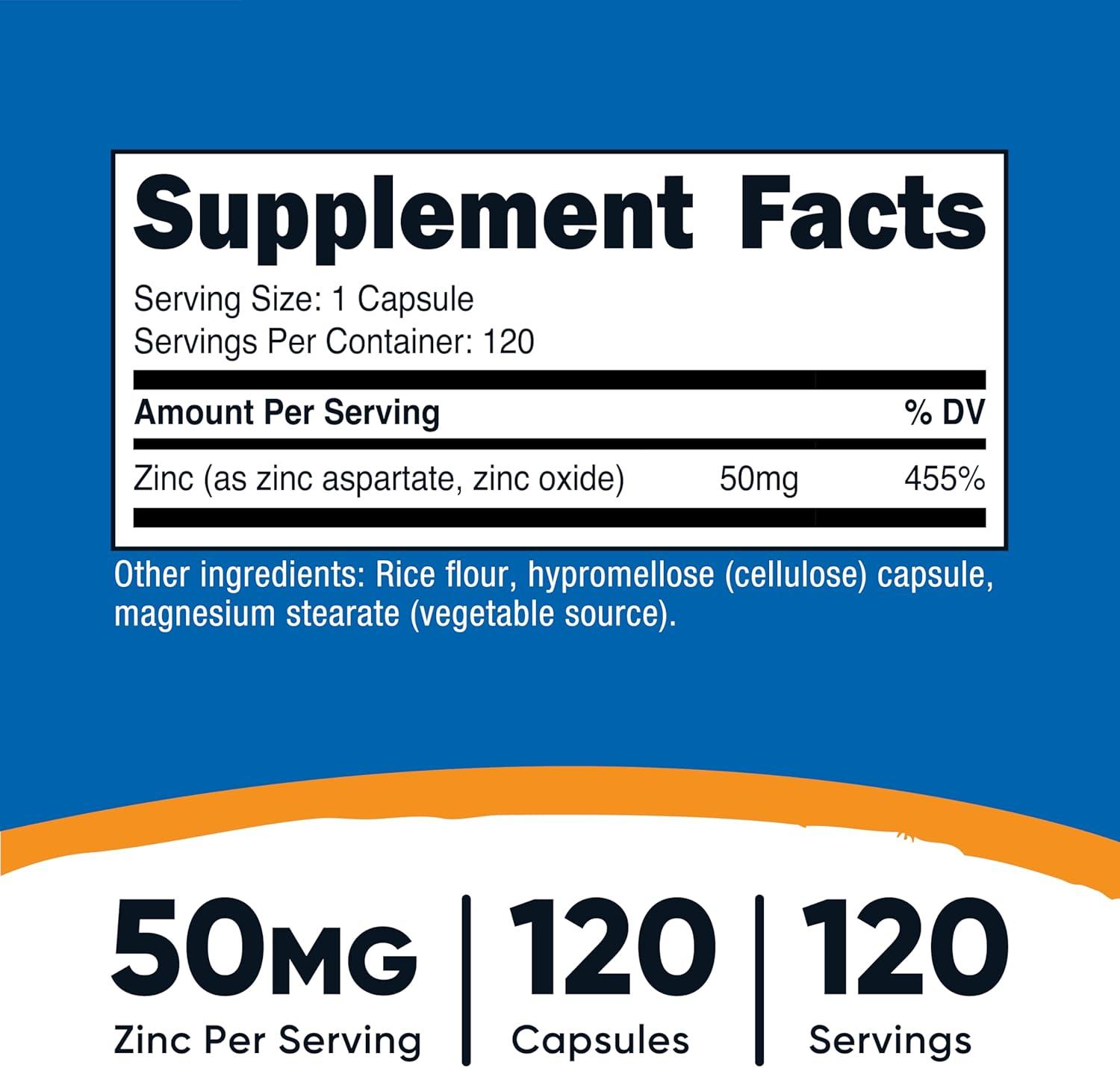 image:imageNutricost Zinc Chelate 50mg 120 Vegetarian Capsules Gluten Free and NonGMO