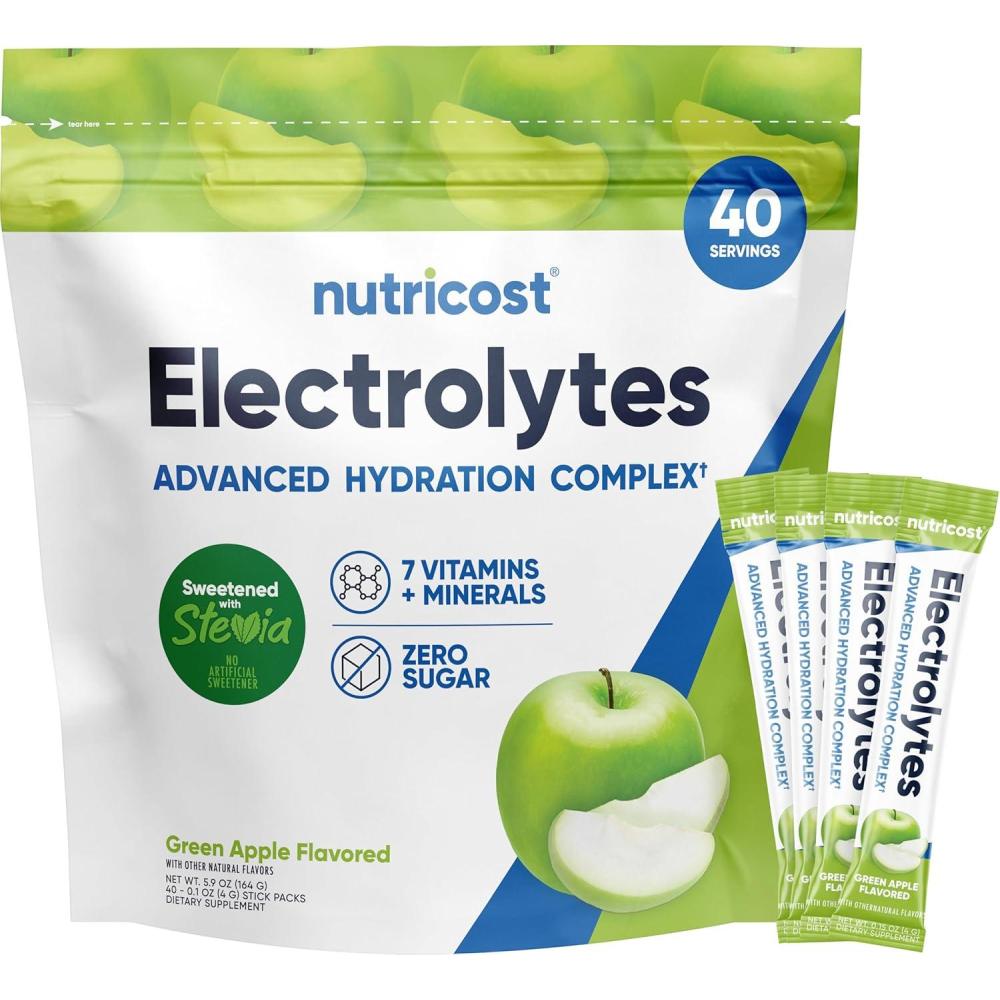 image:imageNutricost Electrolytes Complex Blue Raspberry Flavored 40 Stickpacks  Advanced Hydration ComplexGreen Apple