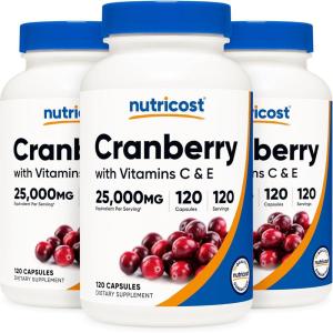 Nutricost Cranberry Extract 25,000mg Equivalent from 500mg of 50:1 Extract Per Serving, 120 Capsules for 120 Servings Per Bottle – with 45 mg of Vitamin C & 5 mg of Vitamin E(120 Count (Pack of 3))