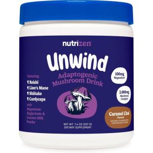 Nutricost Nutrizen PM Unwind Adaptogenic Mushroom Drink (Mocha Flavored) 30 Servings – Includes Reishi, Lion’s Mane, Shiitake, Cordyceps(Caramel Chai)