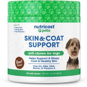 Nutricost Pets Skin & Coat Support Soft Chews for Dogs (Beef Flavored) 60 Soft Chews – Helps Support A Glossy Coat & Healthy Skin, NASC Certified