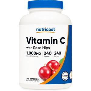Nutricost Vitamin C with Rose HIPS 1025mg, 240 Capsules – Vitamin C 1,000mg, Rose HIPS 25mg, Premium, Non-GMO, Gluten Free Supplement(240 Count (Pack of 1))