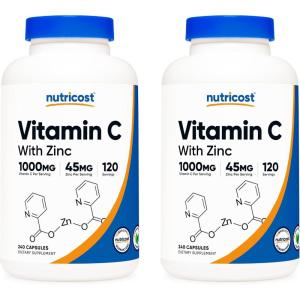 Nutricost Vitamin C with Zinc Capsules, 120 Servings – 1000mg, 45mg Zinc, Non-GMO, Gluten Free Vitamin C Supplement(2 Count (Pack of 120))