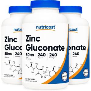 Nutricost Zinc Gluconate 240 Vegetarian Capsules (50mg) – Gluten Free and Non-GMO(1 Count (Pack of 3))
