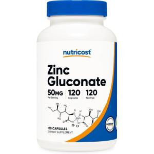 Nutricost Zinc Gluconate 240 Vegetarian Capsules (50mg) – Gluten Free and Non-GMO(120 Count (Pack of 1))
