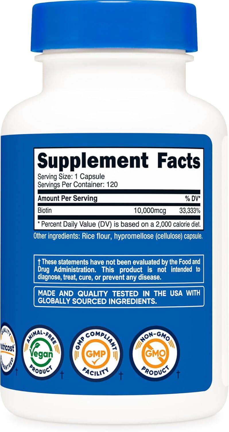 image:imageNutricost Biotin Vitamin B7 10000mcg 10mg Vitamin Supplement 240 Capsules Vegetarian Gluten Free Quick Release NonGMO120 Capsules