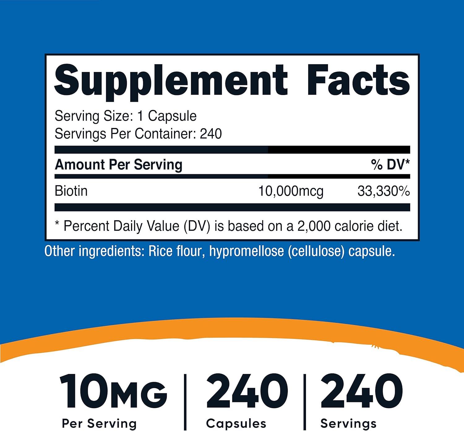image:imageNutricost Biotin Vitamin B7 10000mcg 10mg Vitamin Supplement 240 Capsules Vegetarian Gluten Free Quick Release NonGMO240 Capsules 2 Bottles