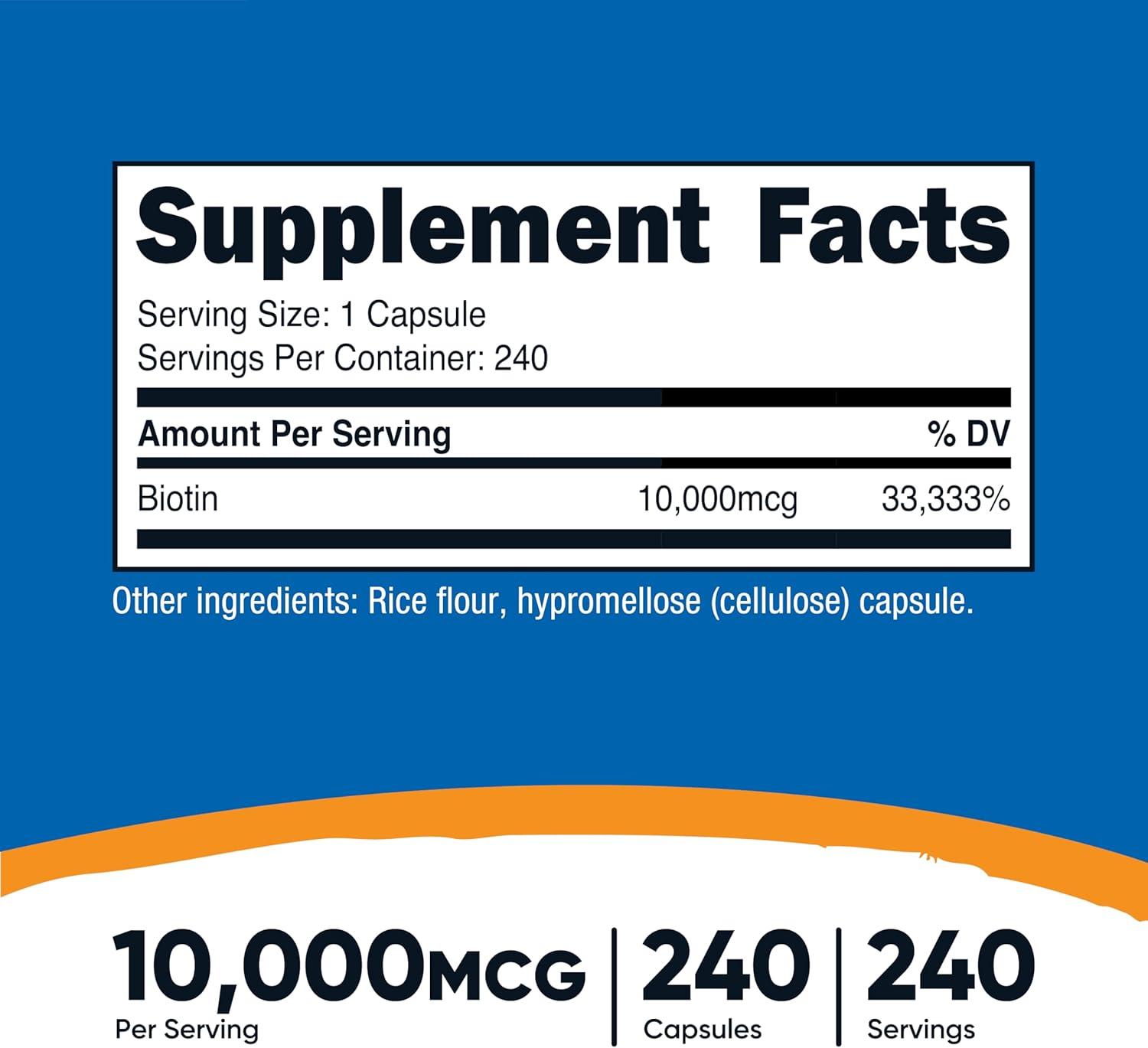 image:imageNutricost Biotin Vitamin B7 10000mcg 10mg Vitamin Supplement 240 Capsules Vegetarian Gluten Free Quick Release NonGMO240 Capsules