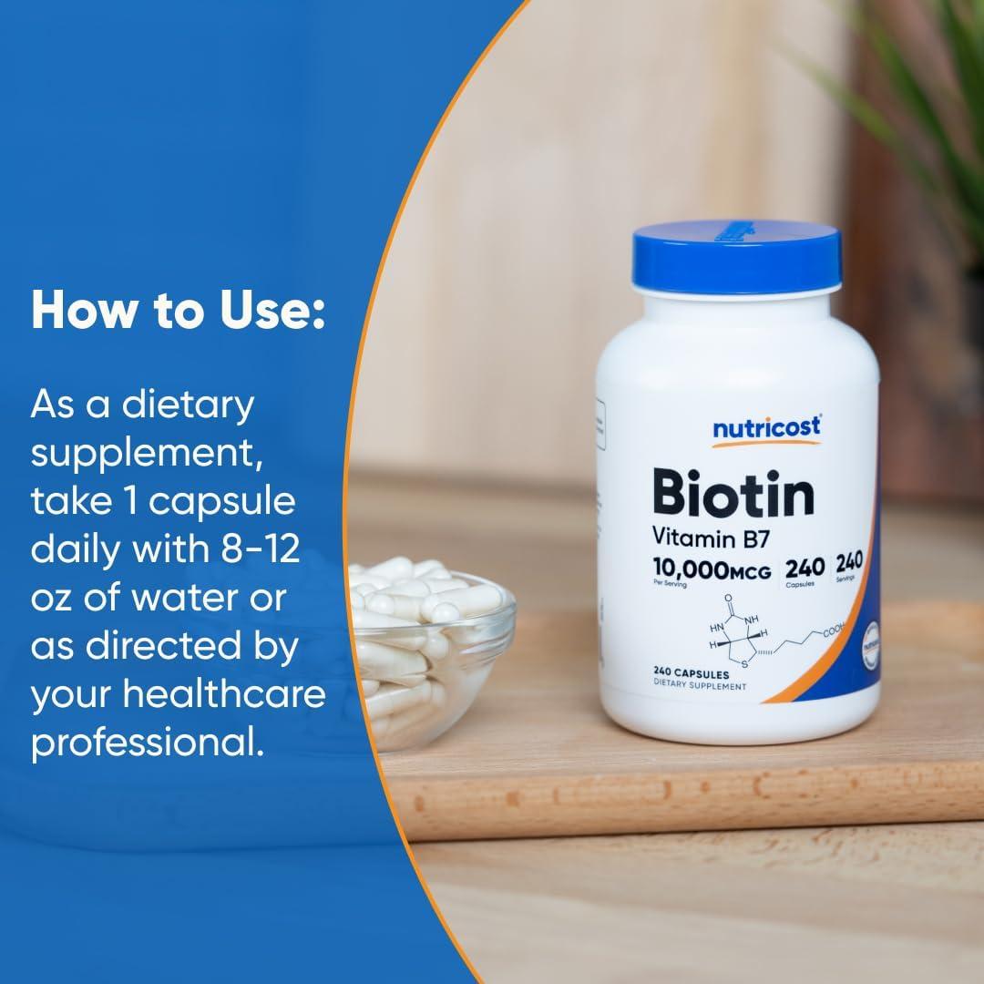 image:imageNutricost Biotin Vitamin B7 10000mcg 10mg Vitamin Supplement 240 Capsules Vegetarian Gluten Free Quick Release NonGMO240 Capsules
