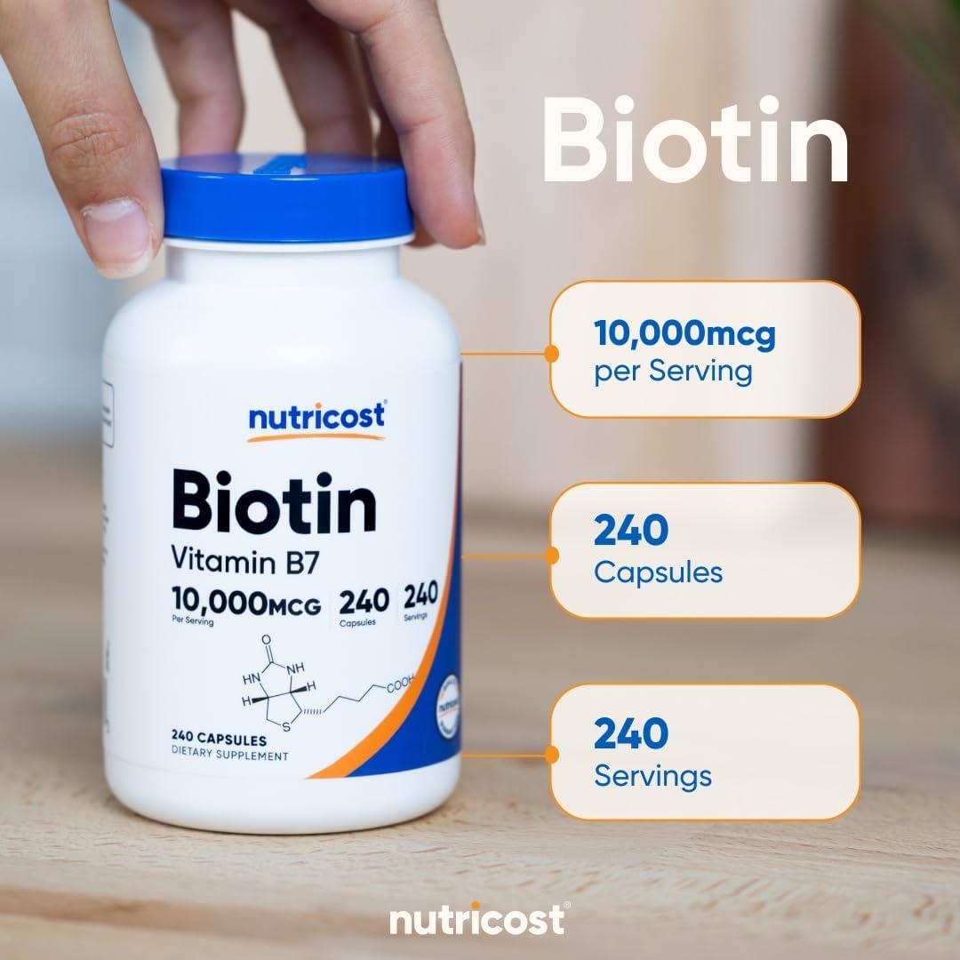 image:imageNutricost Biotin Vitamin B7 10000mcg 10mg Vitamin Supplement 240 Capsules Vegetarian Gluten Free Quick Release NonGMO240 Capsules