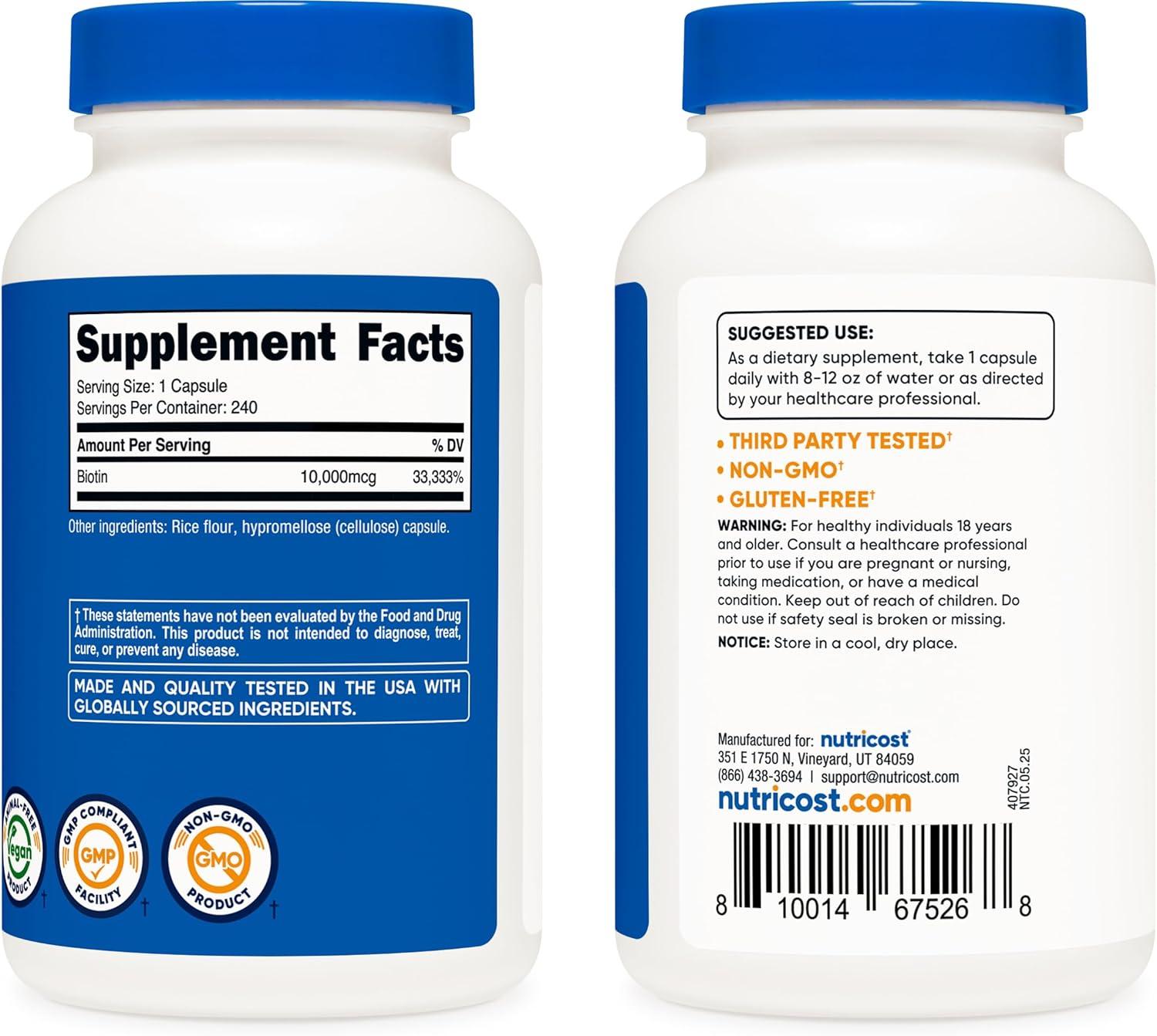 image:imageNutricost Biotin Vitamin B7 10000mcg 10mg Vitamin Supplement 240 Capsules Vegetarian Gluten Free Quick Release NonGMO240 Capsules