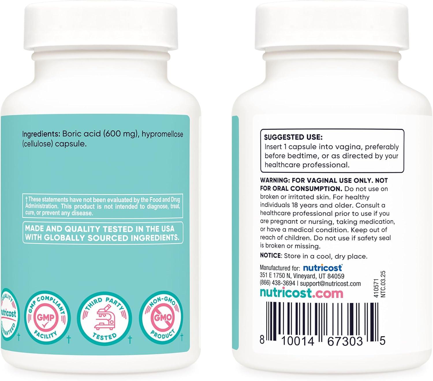image:imageNutricost Boric Acid 600mg 30 Capsules Vaginal Suppository NonGMO for Women30 Count Pack of 1