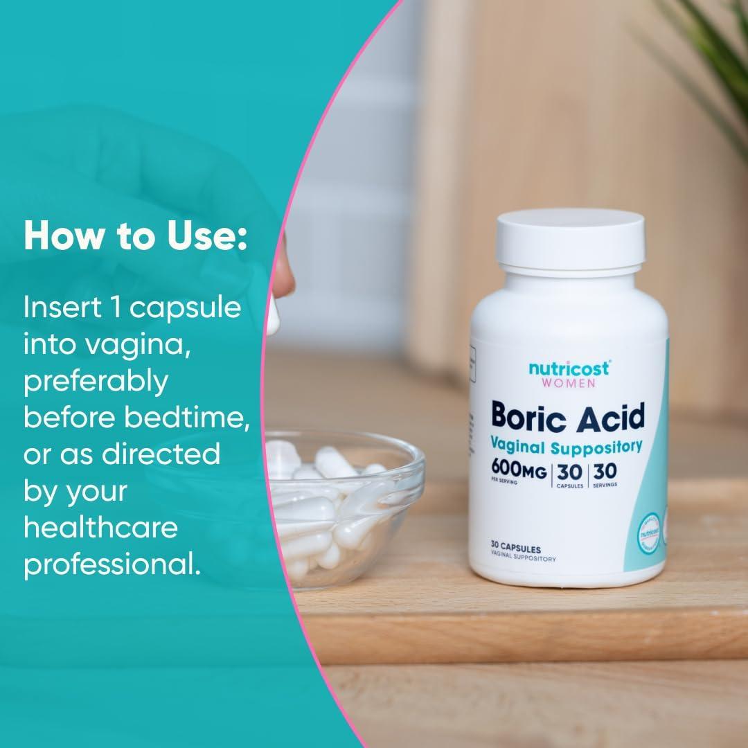 image:imageNutricost Boric Acid 600mg 30 Capsules Vaginal Suppository NonGMO for Women30 Count Pack of 1