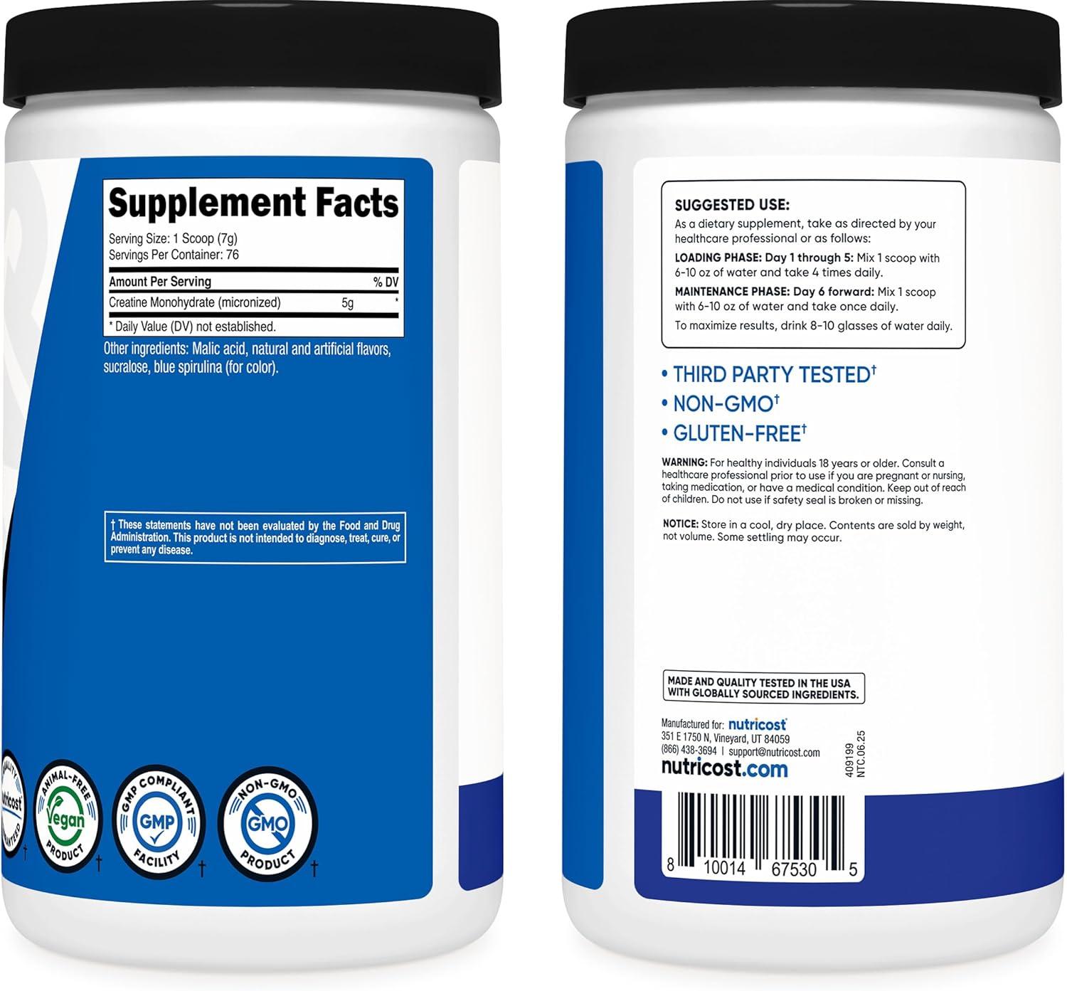 image:imageNutricost Creatine Monohydrate Micronized Powder 500G 5000mg Per Serv 5g 100 Servings 179 OzBlue Raspberry