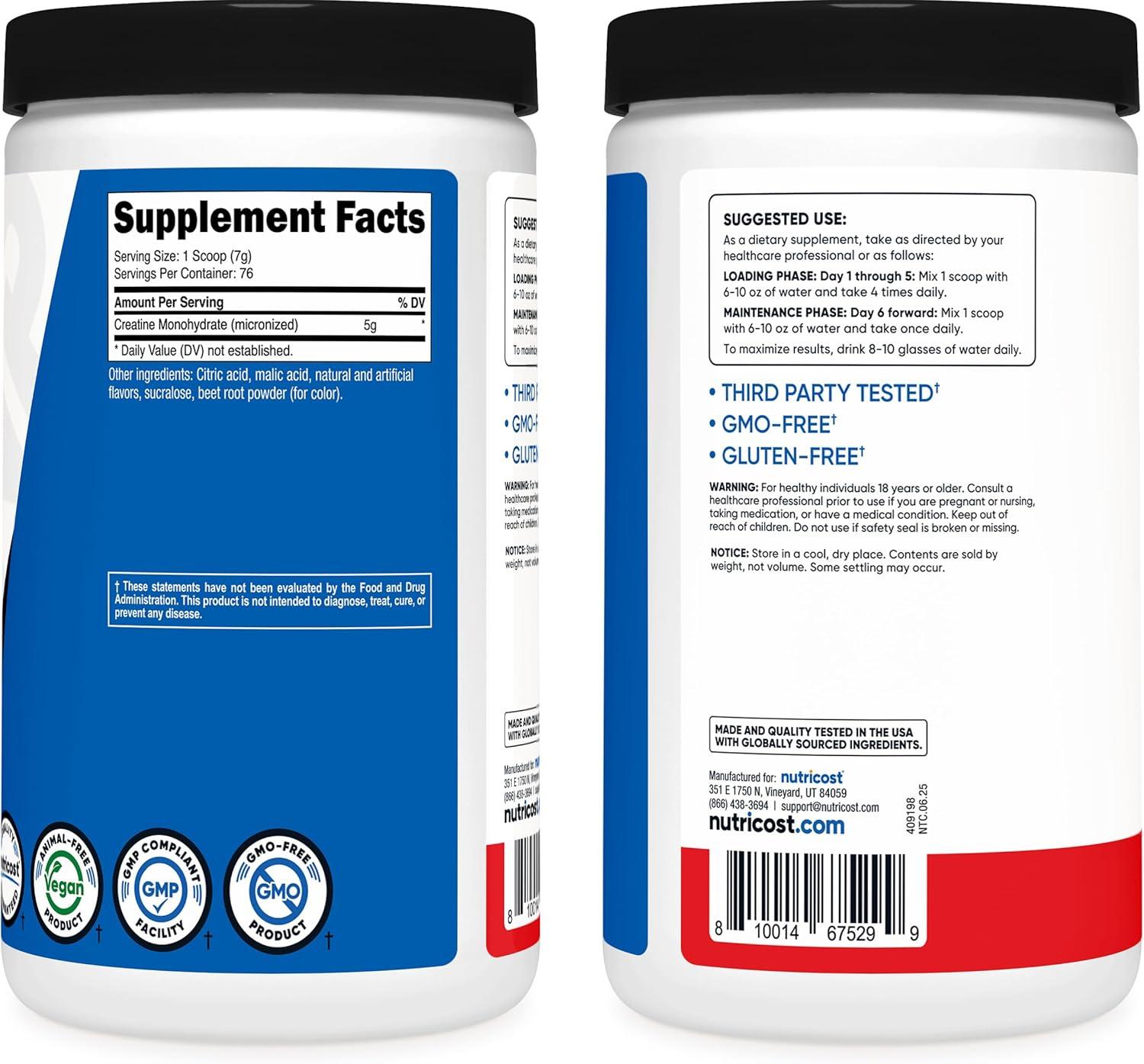 image:imageNutricost Creatine Monohydrate Micronized Powder 500G 5000mg Per Serv 5g 100 Servings 179 OzFruit Punch