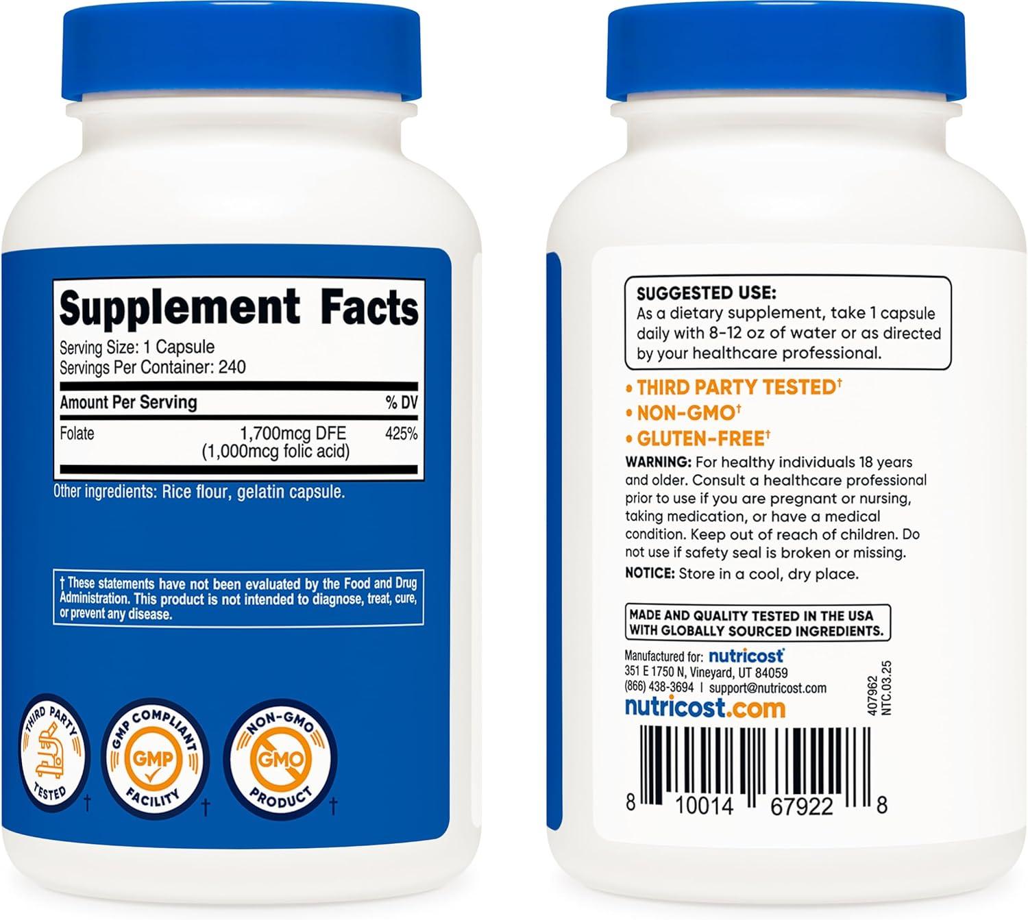 image:imageNutricost Folic Acid Vitamin B9 1000 mcg 240 Capsules240 Count Pack of 1