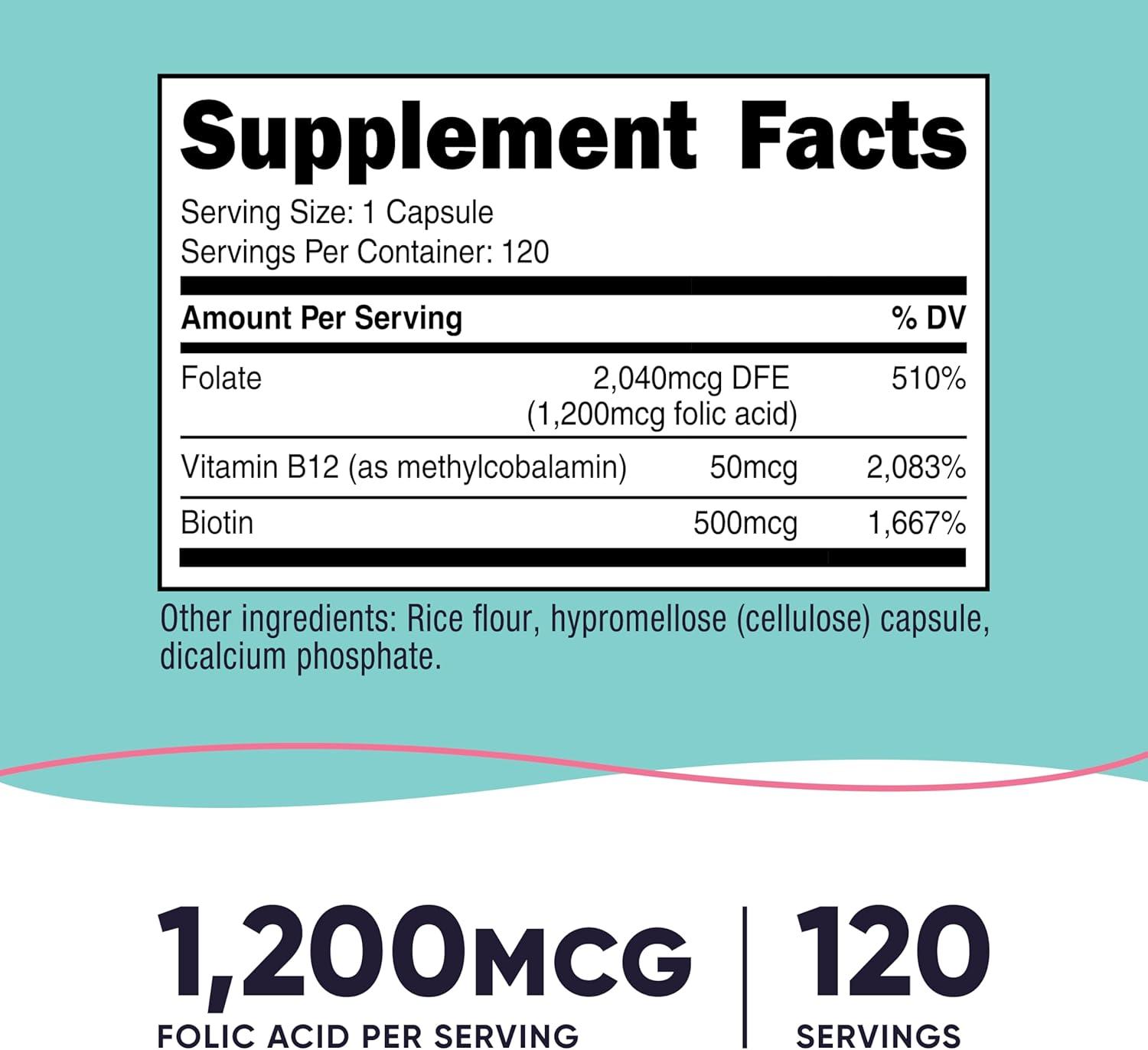 image:imageNutricost Folic Acid for Women Vitamin B9 1200 mcg 120 Capsules with B12 and Biotin Veggie Caps NonGMO amp Gluten Free