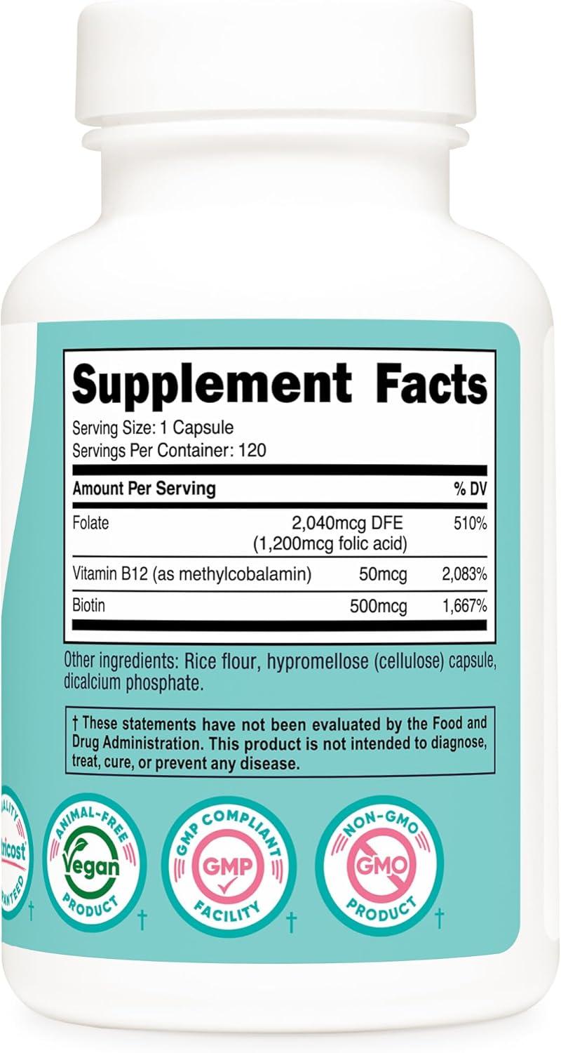image:imageNutricost Folic Acid for Women Vitamin B9 1200 mcg 120 Capsules with B12 and Biotin Veggie Caps NonGMO amp Gluten Free
