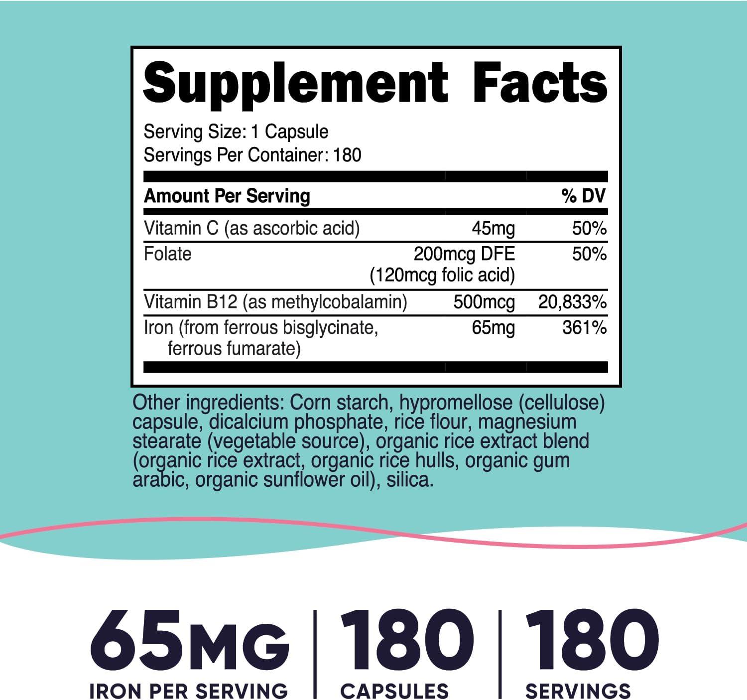 image:imageNutricost Iron for Women 65mg 180 Capsules with Vitamin C Folate amp Vitamin B12 Vegetarian Friendly NonGMO Gluten Free