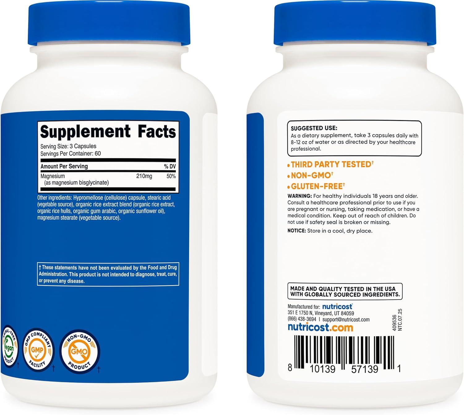 image:imageNutricost Magnesium Glycinate Capsules 180 Capsules 210 mg Per Serving Magnesium Glycinate Supplement for Gentle Absorption180 Count Pack of 1