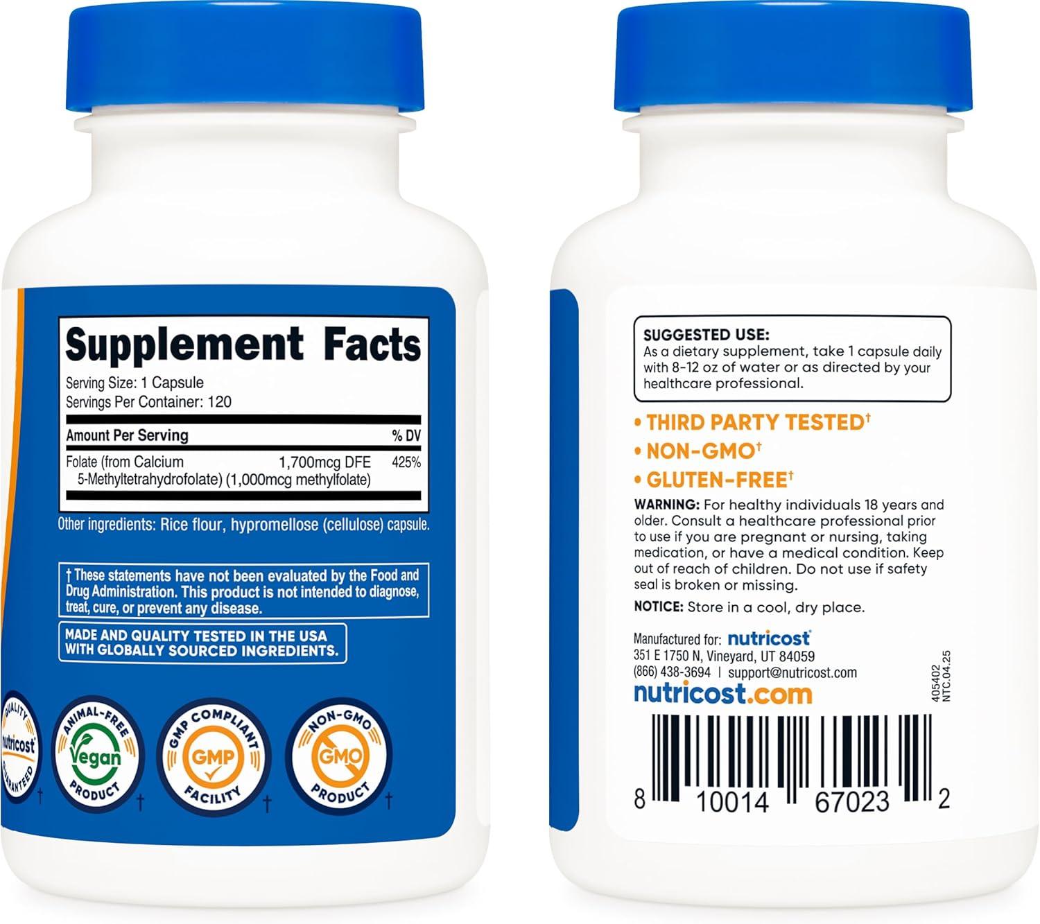 image:imageNutricost Methylfolate 1000mcg 120 Vegetarian Capsules Gluten Free NonGMO Methylated Folate120 Count Pack of 1