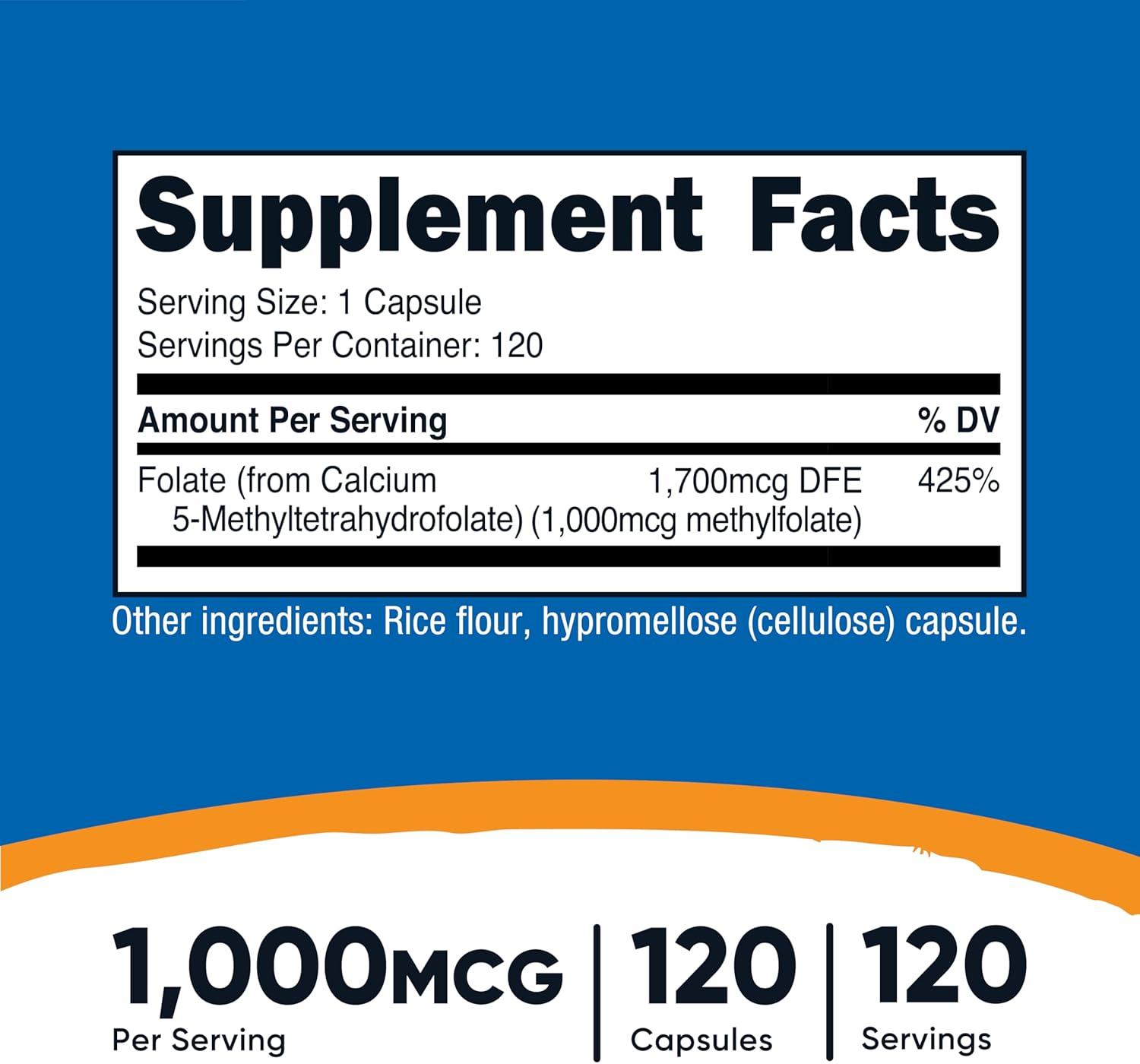 image:imageNutricost Methylfolate 1000mcg 120 Vegetarian Capsules Gluten Free NonGMO Methylated Folate120 Count Pack of 1