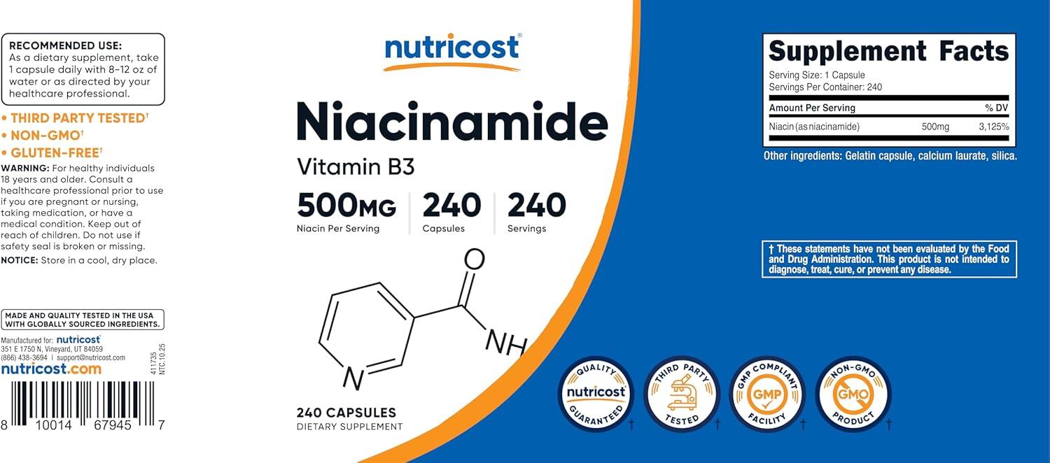 image:imageNutricost Niacinamide Vitamin B3 500mg 240 Capsules NonGMO Gluten Free Flush Free Vitamin B3240 Count Pack of 1