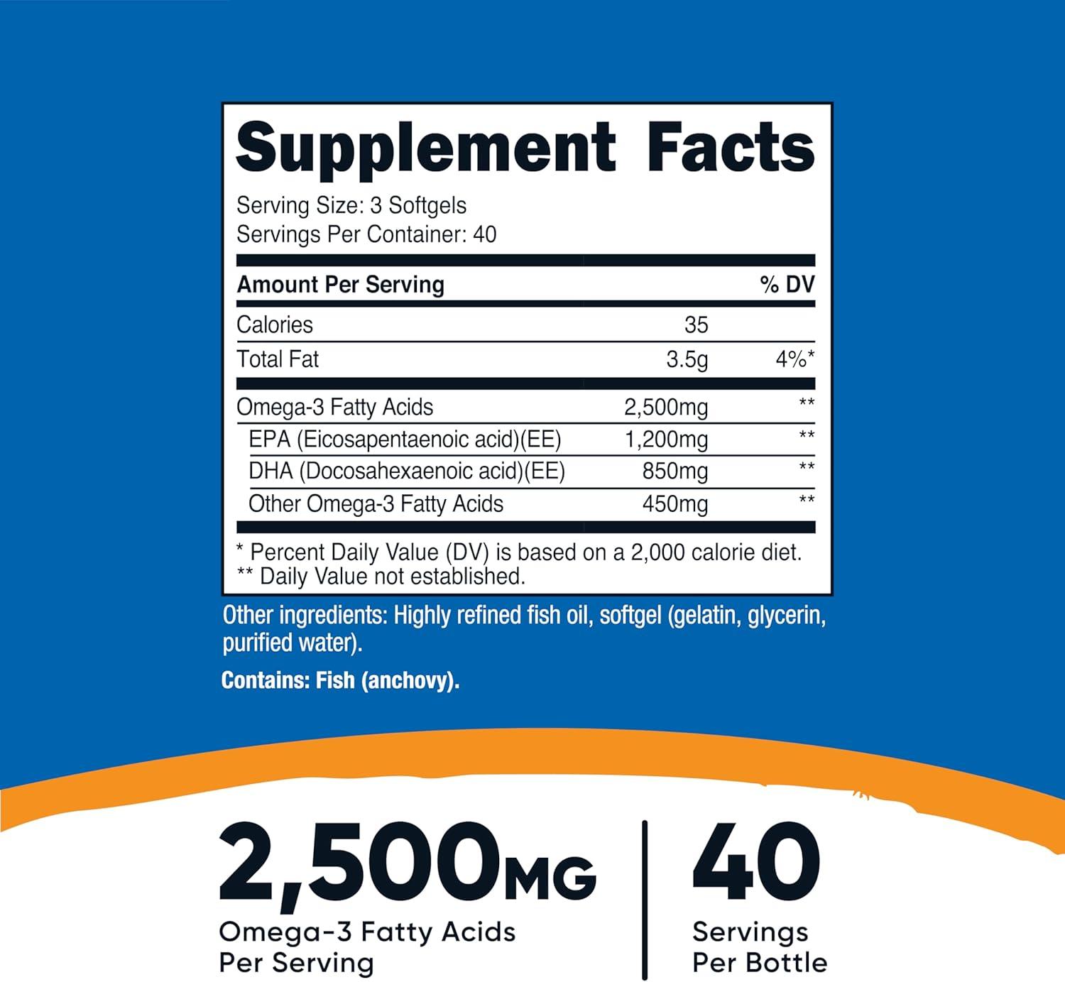 image:imageNutricost Omega 3 Fish Oil 2500MG 120 Softgels 40 Serv Fish Oil Wild Caught 1200mg EPA 850mg DHA NonGMO Gluten Free120 Count Pack of 2