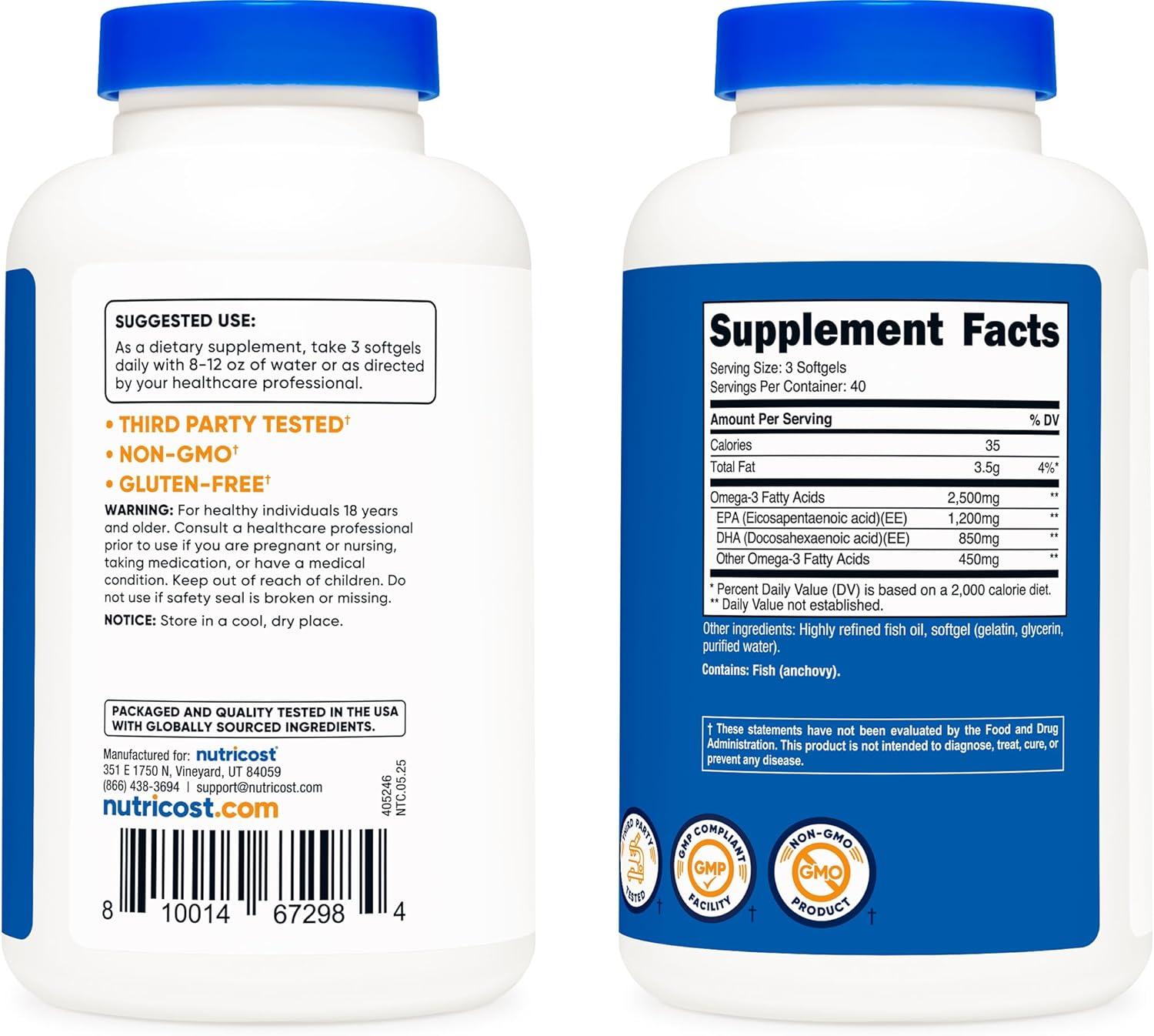 image:imageNutricost Omega 3 Fish Oil 2500MG 120 Softgels 40 Serv Fish Oil Wild Caught 1200mg EPA 850mg DHA NonGMO Gluten Free120 Count Pack of 2