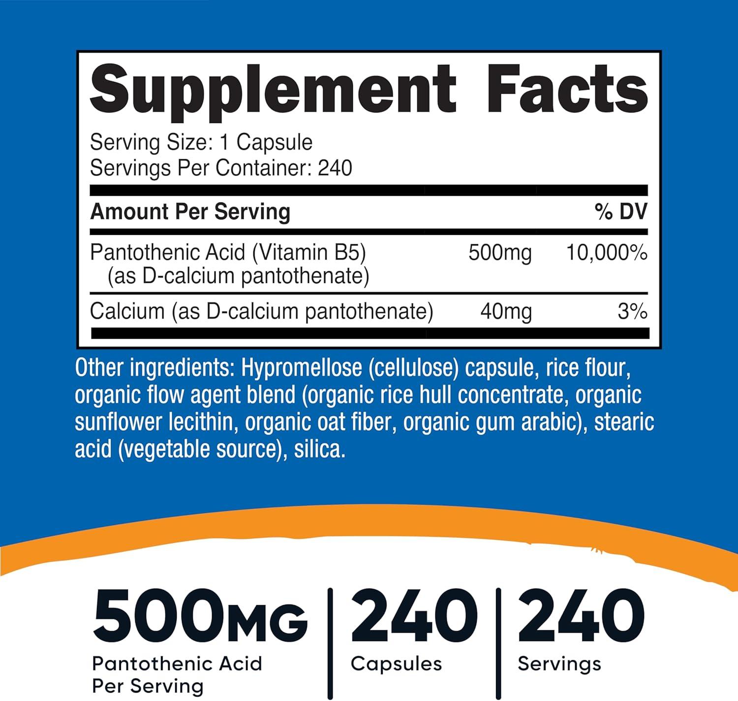 image:imageNutricost Pantothenic Acid Vitamin B5 500mg 240 Capsules240 Count Pack of 1