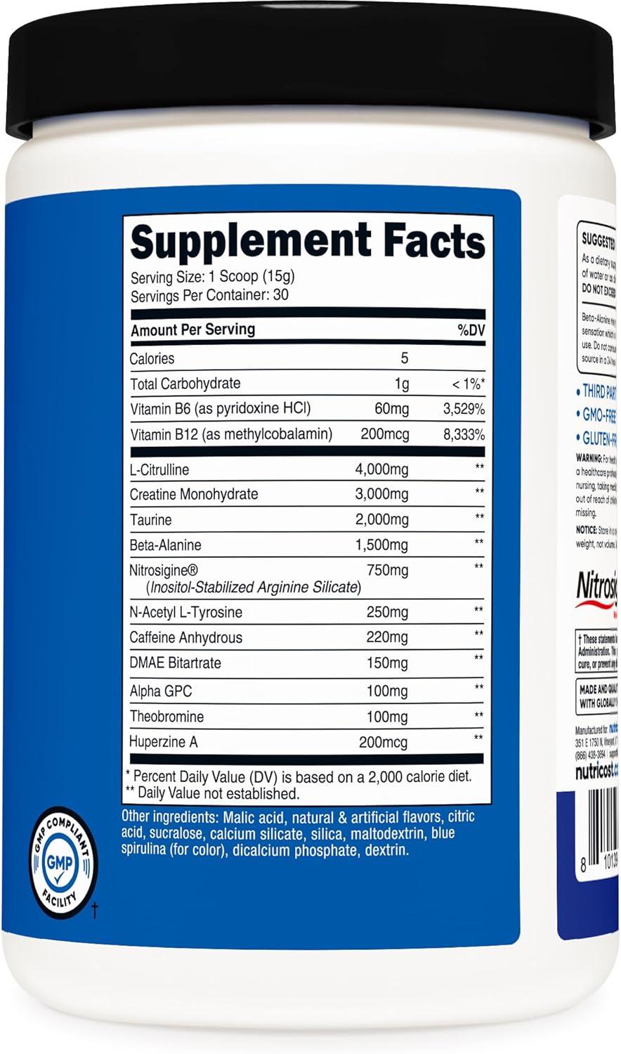 image:imageNutricost PreC PreWorkout Complex with Creatine Blue Rasberry 30 Servings Powder Boost Fintess Routines 450g1 Pound Pack of 1
