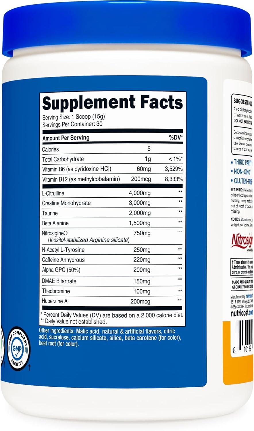image:imageNutricost PreC PreWorkout Complex with Creatine Fruit Punch 30 Servings Powder Boost Fintess Routines 453gPeach Mango