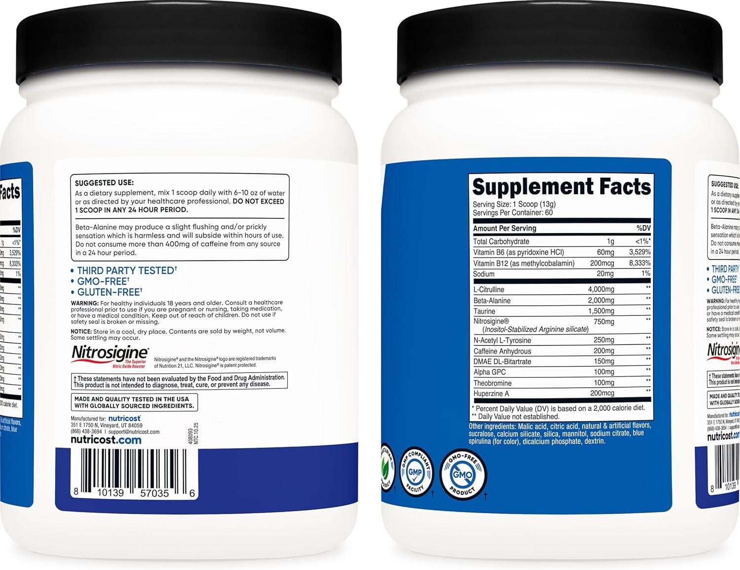 image:imageNutricost PreWorkout Complex Powder 30 Servings Blue Raspberry PreWorkout Supplement with BetaAlanine Taurine amp Amino AcidsBlue Raspberry