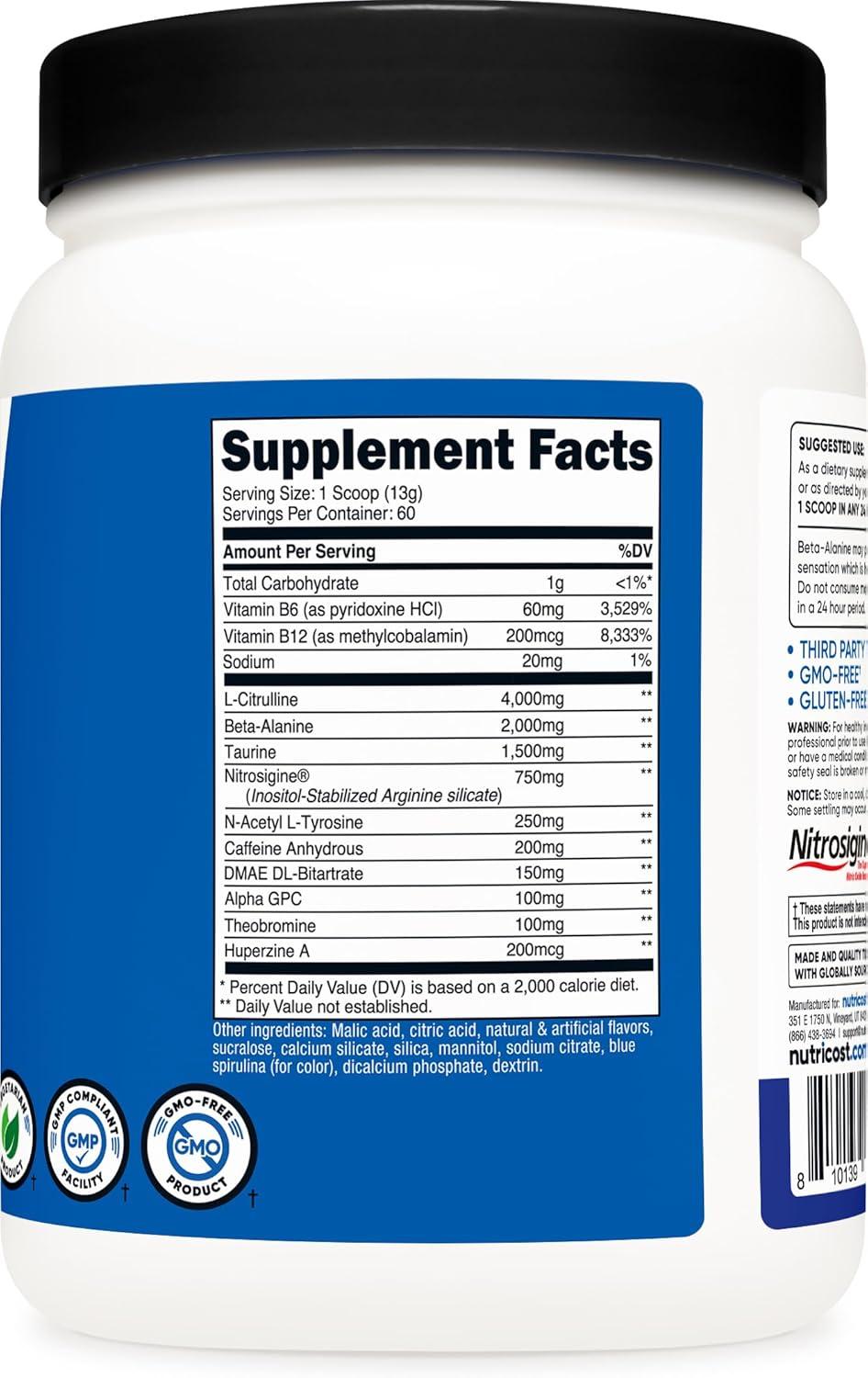 image:imageNutricost PreWorkout Complex Powder 30 Servings Blue Raspberry PreWorkout Supplement with BetaAlanine Taurine amp Amino AcidsBlue Raspberry