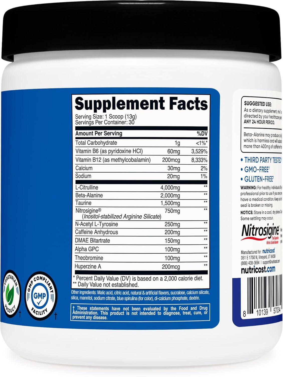 image:imageNutricost PreWorkout Complex Powder 30 Servings Blue Raspberry PreWorkout Supplement with BetaAlanine Taurine amp Amino AcidsBlue Raspberry