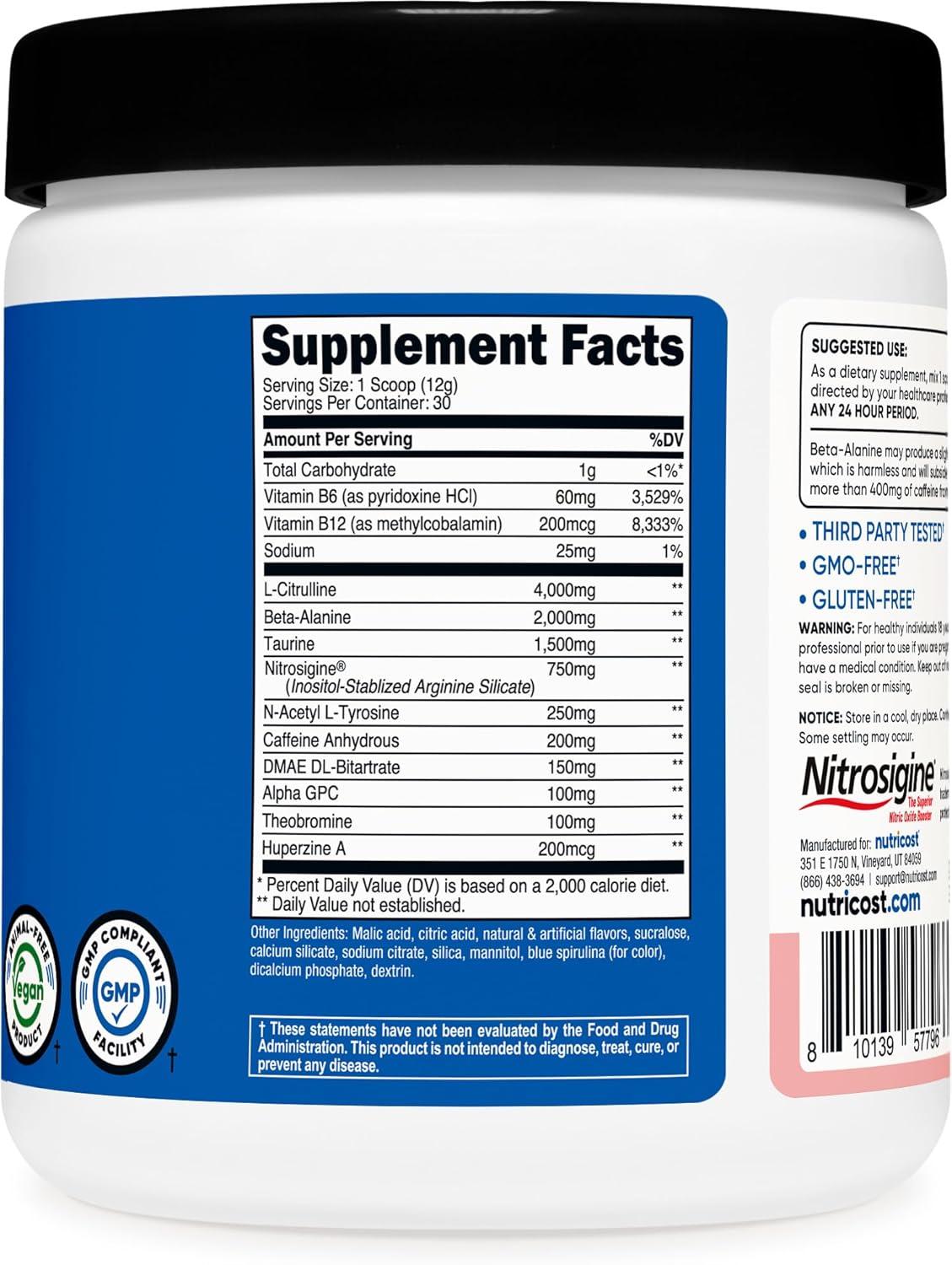 image:imageNutricost PreWorkout Complex Powder 30 Servings Blue Raspberry PreWorkout Supplement with BetaAlanine Taurine amp Amino AcidsCotton Candy
