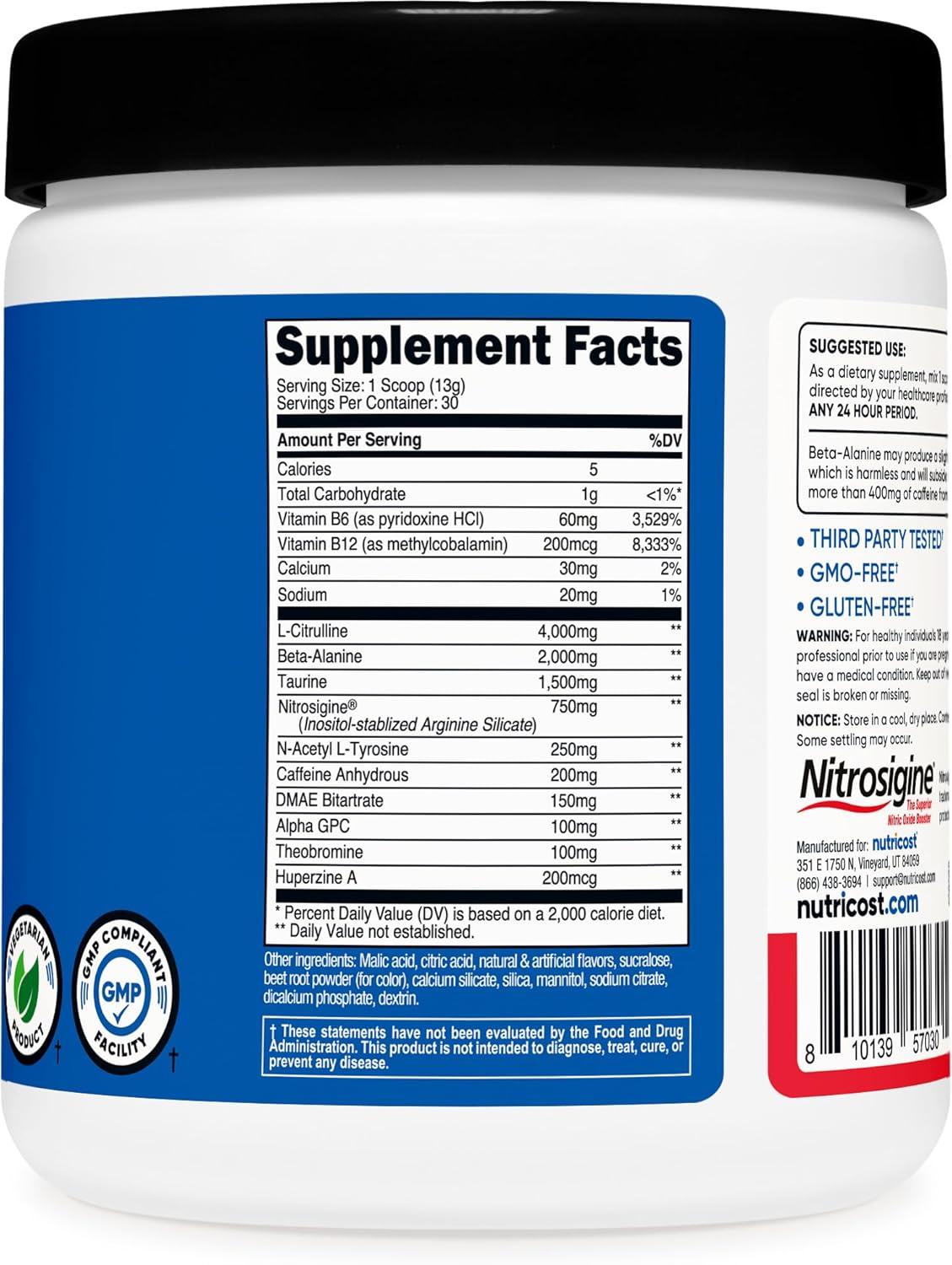 image:imageNutricost PreWorkout Complex Powder 30 Servings Blue Raspberry PreWorkout Supplement with BetaAlanine Taurine amp Amino AcidsFruit Punch