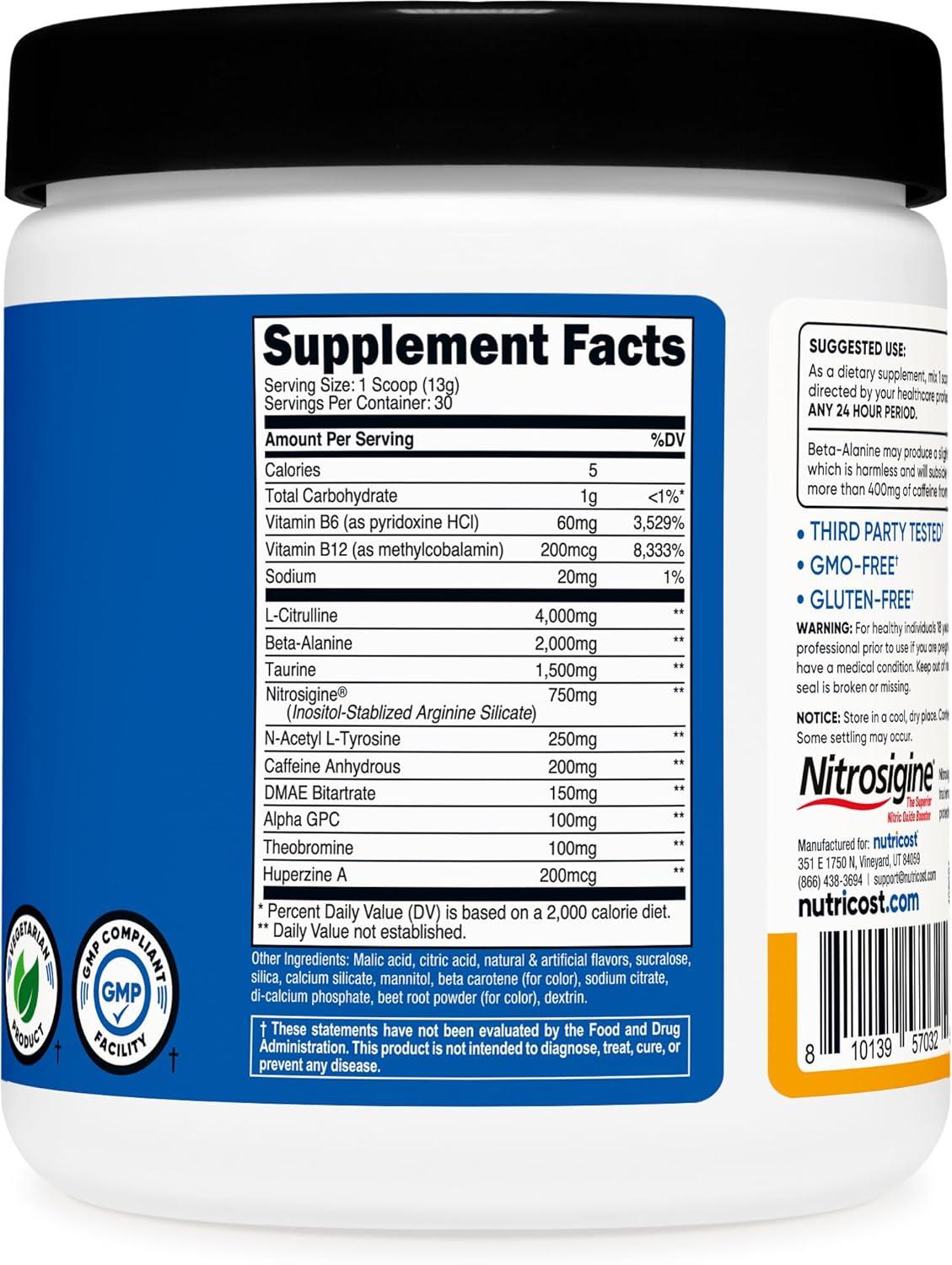 image:imageNutricost PreWorkout Complex Powder 30 Servings Blue Raspberry PreWorkout Supplement with BetaAlanine Taurine amp Amino AcidsPeach Mango
