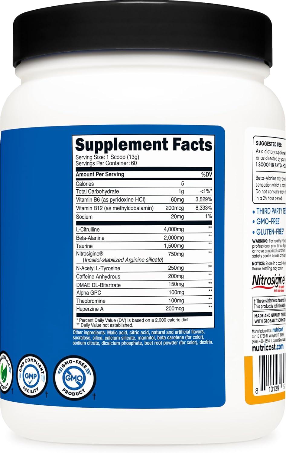 image:imageNutricost PreWorkout Complex Powder 30 Servings Blue Raspberry PreWorkout Supplement with BetaAlanine Taurine amp Amino AcidsPeach Mango